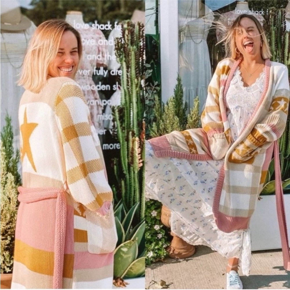 LoveShackFancy Grayson Duster Cardigan Desert Sunset Gingham Striped Star XS / S - Picture 4 of 11